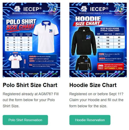 IECEP AGM 76 polo shirt and hoodie size charts with reservation buttons