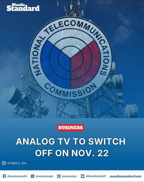 Manila Standard business graphic with the NTC seal over a broadcast tower: Analog TV to switch off on Nov. 22