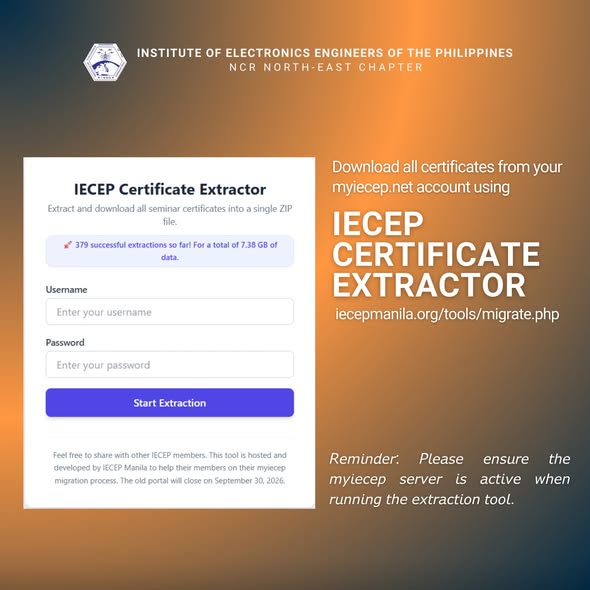 IECEP Certificate Extractor at iecepmanila.org/tools/migrate.php for downloading myiecep.net certificates